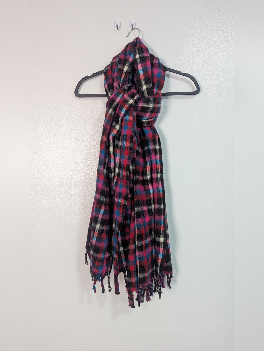 Zara Man Oversized Soft & Fuzzypink Purple Blue  Plaid Fringe Scarf‎ Wrap